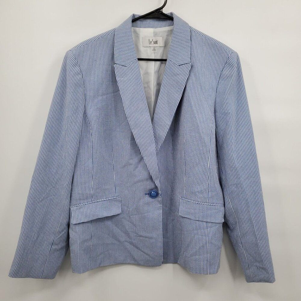 Le Suit One Button Blazer Women Size 18 Long Sleeves Knit V Neck Hounds Tooth